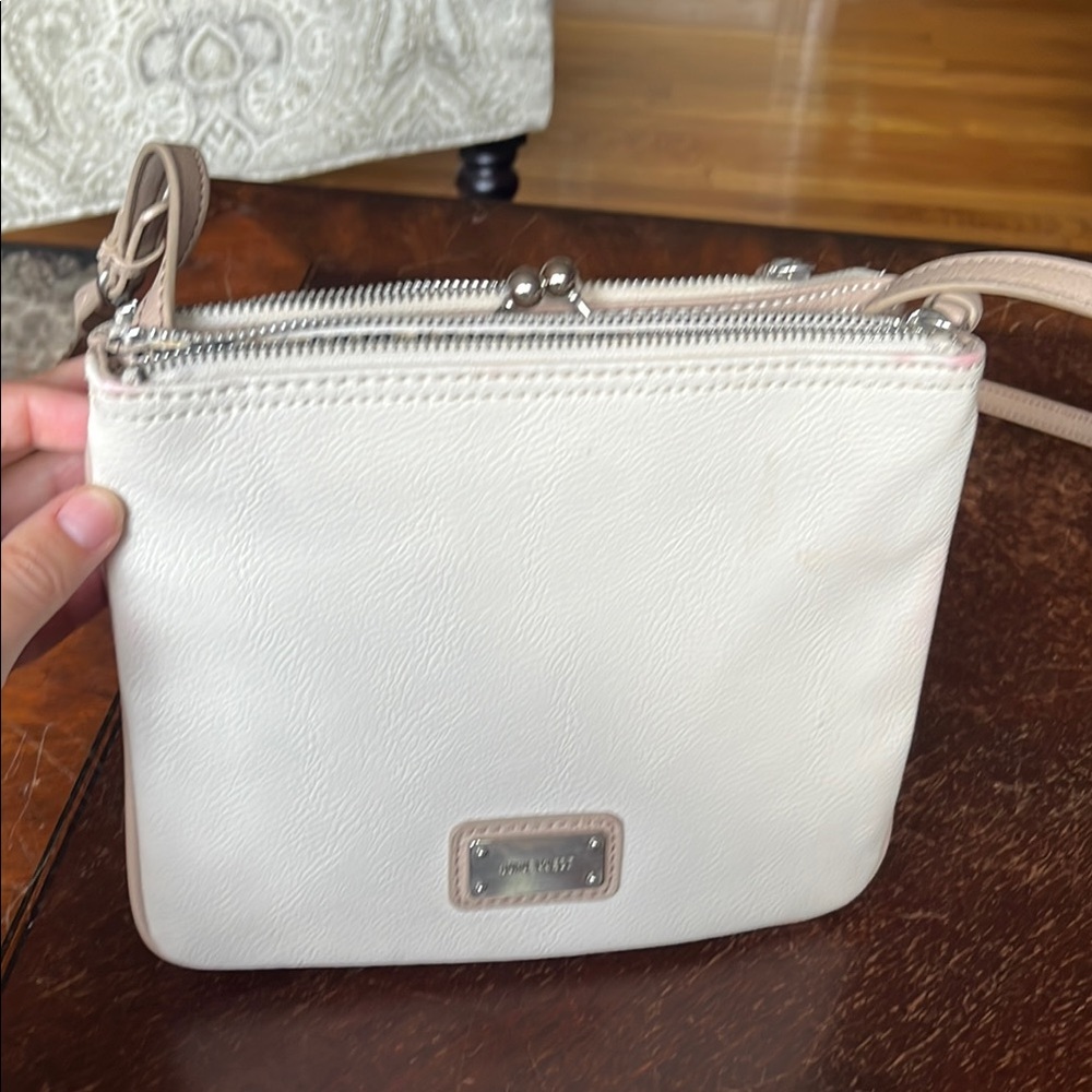Nine West Tan and White Crossbody Bag with Silver Hardware
